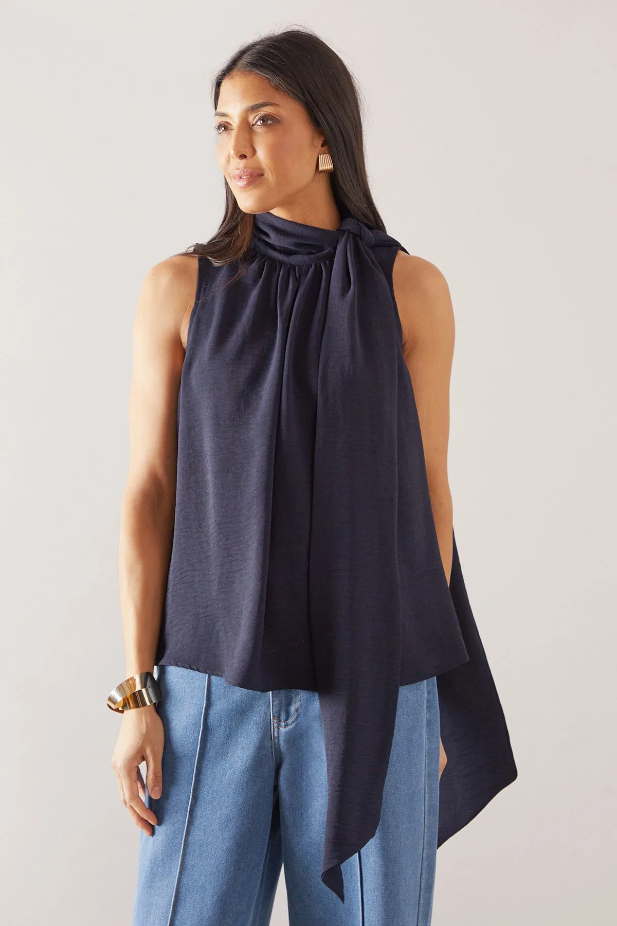 Sleeveless Woven Tie Neck Top