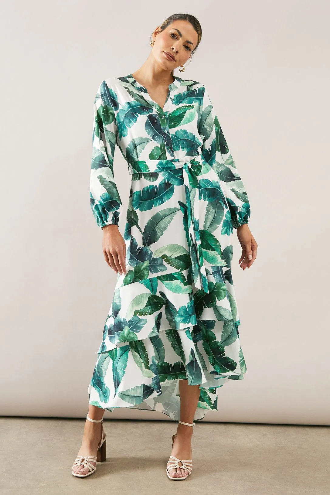 Palm Print Button Midi Shirt Dress