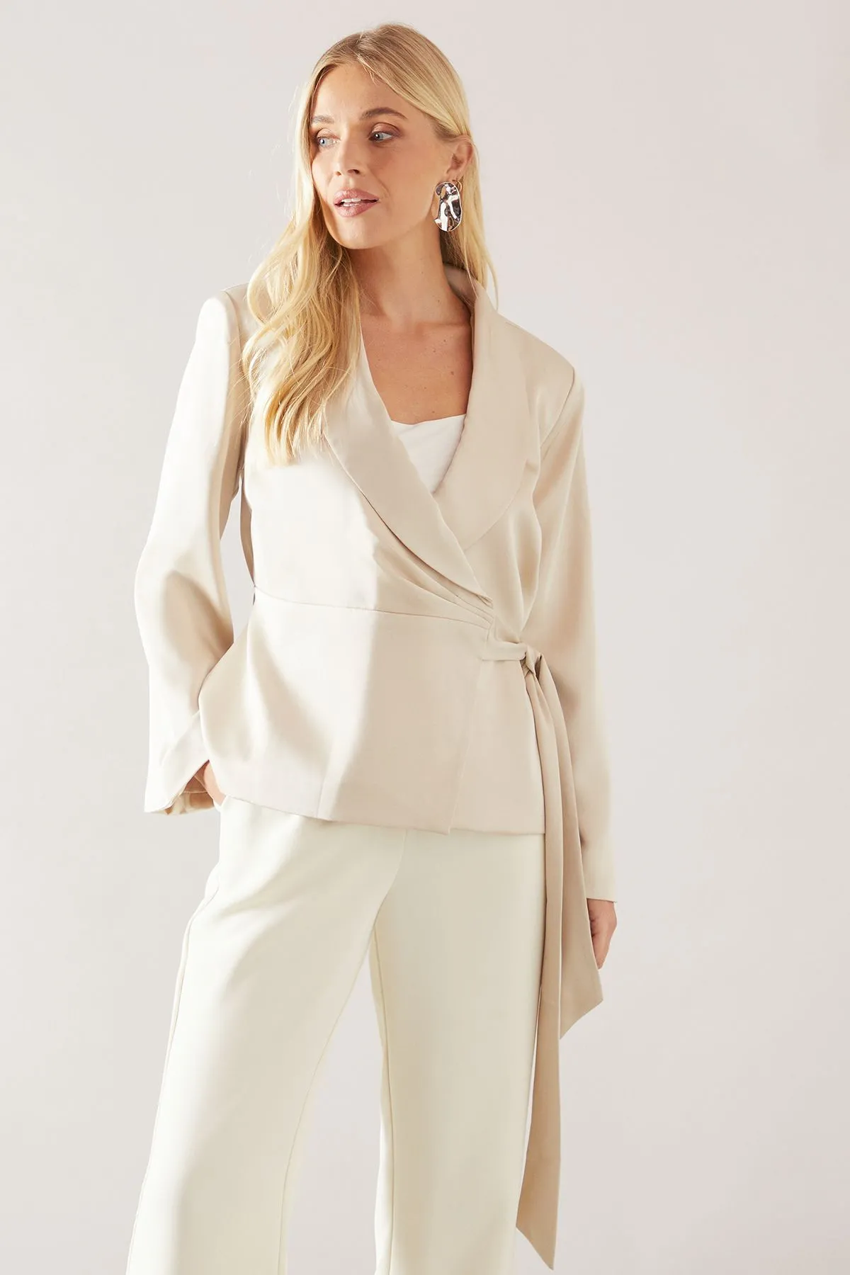 Petite Fluid Satin Wrap Tie Jacket