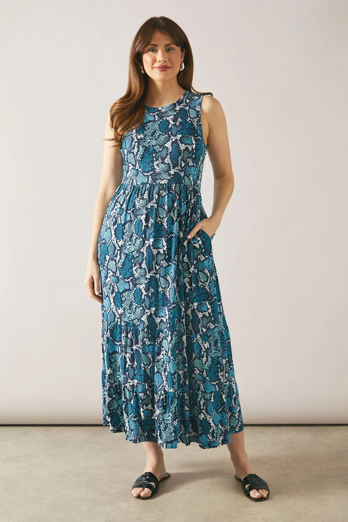 Snake Sleeveless Viscose Jersey Tiered Maxi Dress