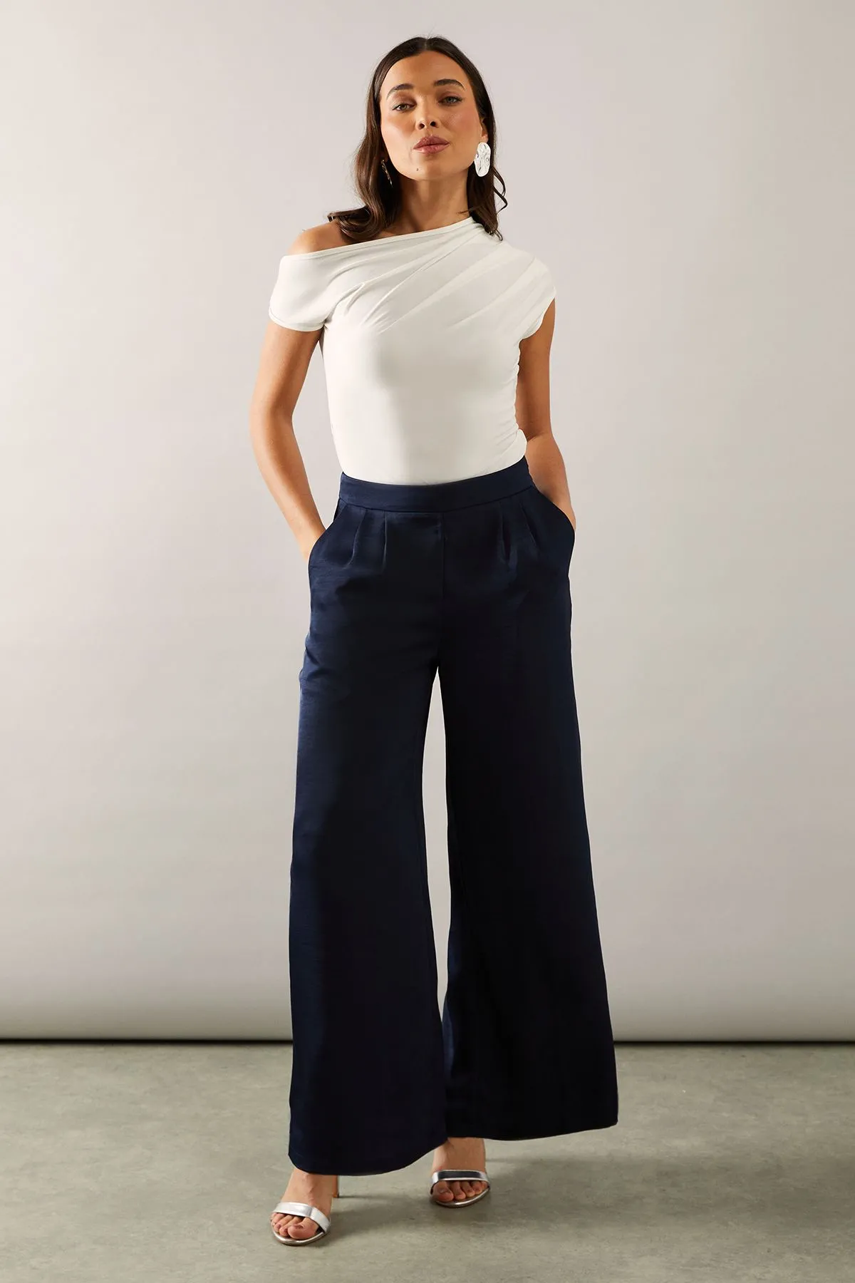 Petite Satin Pleat Detail Wide Leg Trouser