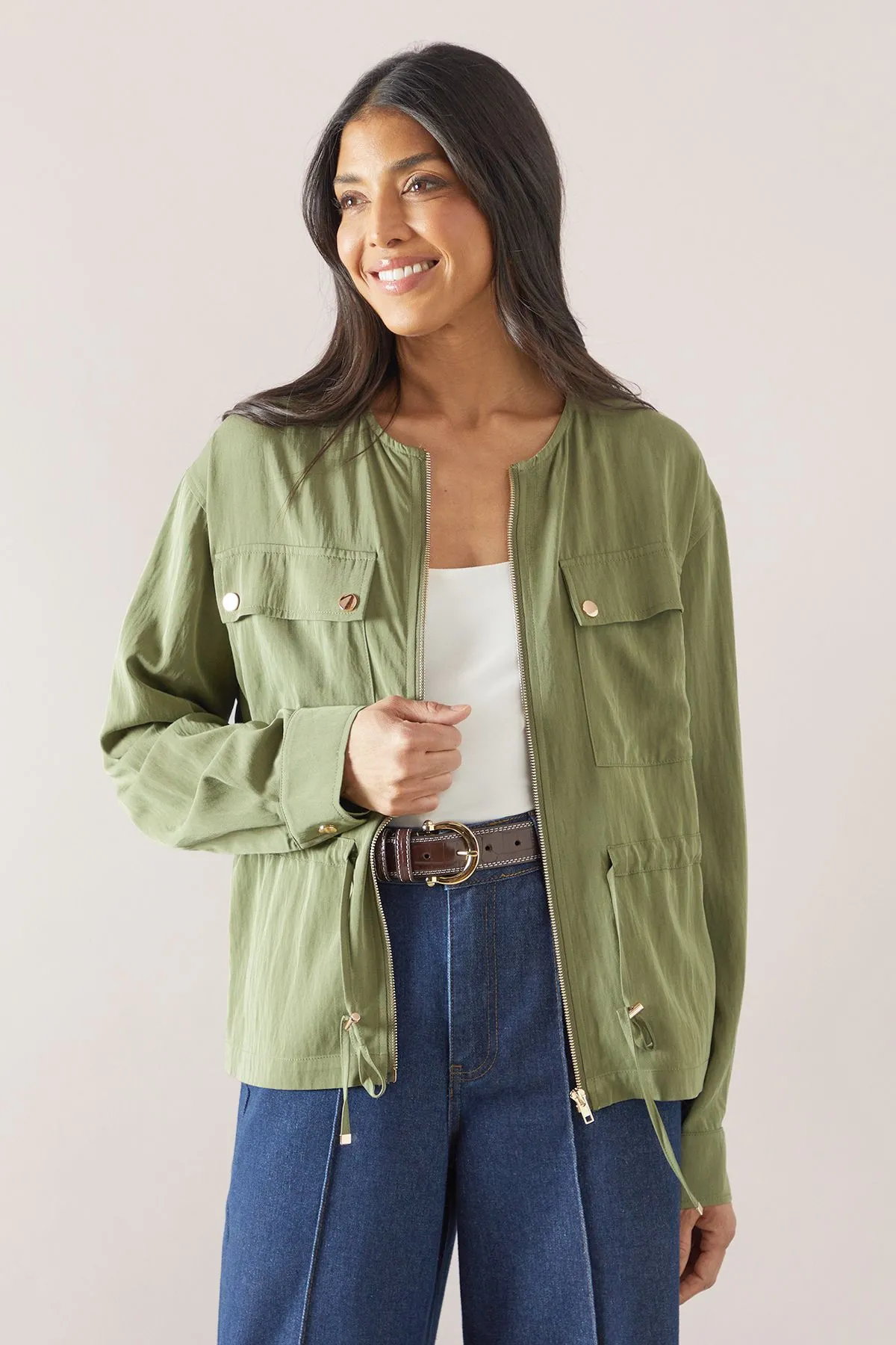 Cotton Mix Drawstring Pocket Lightweight Jacket