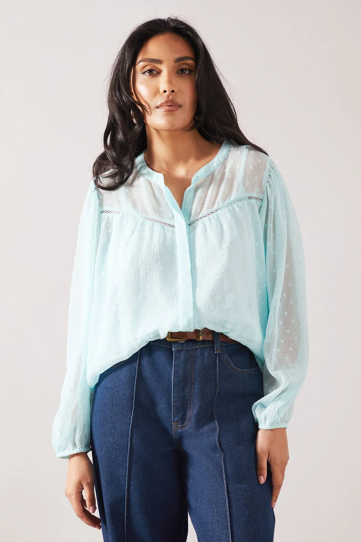 Petite Dobby Button Collarless Blouse