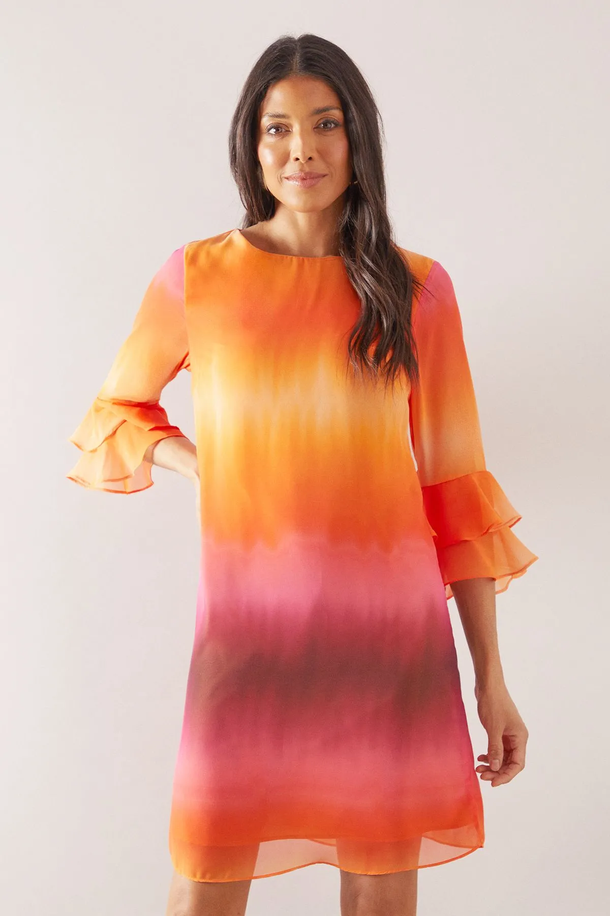Chiffon Ombre Print Flute Sleeve Shift Dress