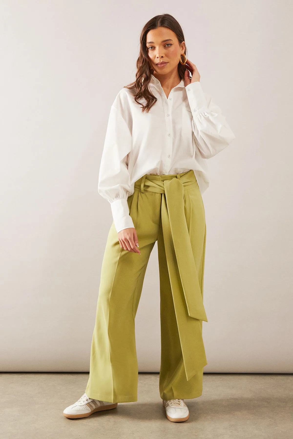 Petite Tie Waist Wide Leg Trouser