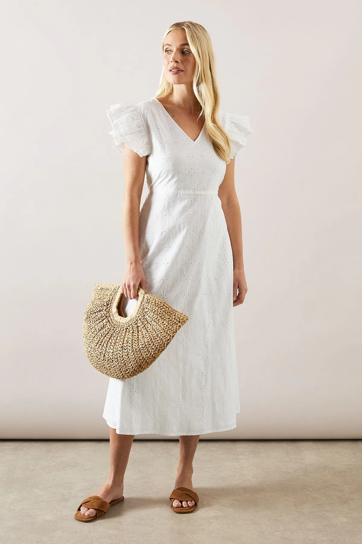 Petite Broderie Frill Sleeve Midi Dress