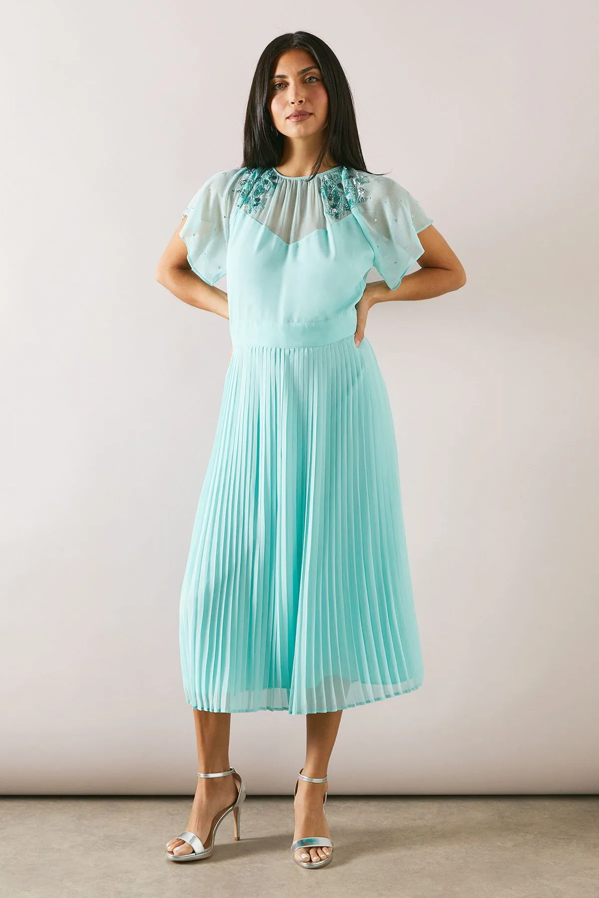 Cape Sleeve Embellished Shoulder Midi Dress