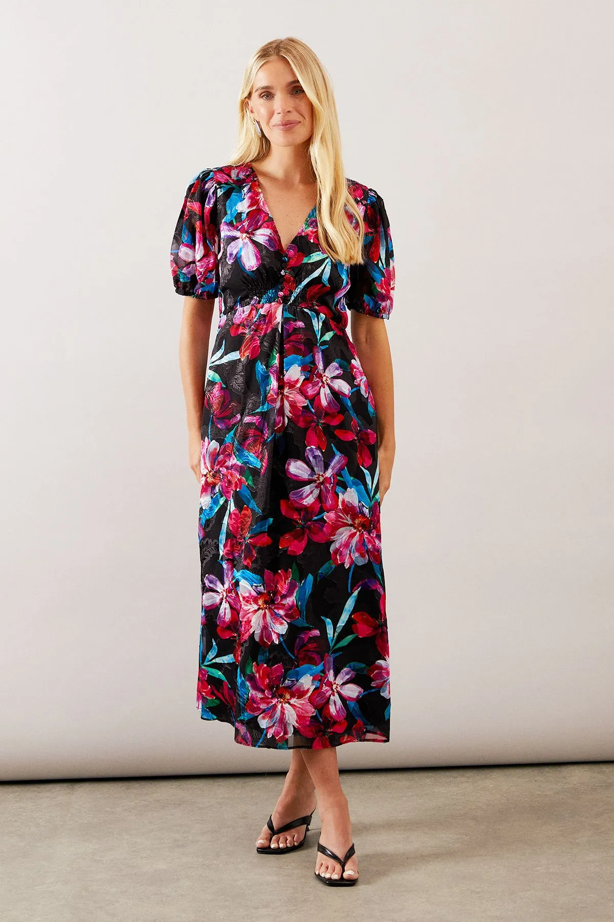 Petite Floral Print Button Through Midi Dress