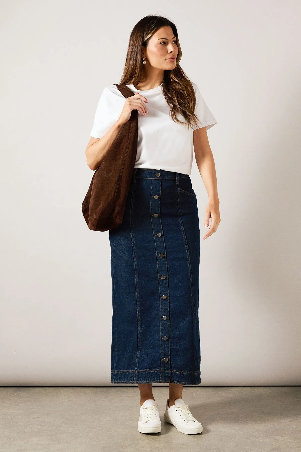 Button Through Denim Midi Skirt