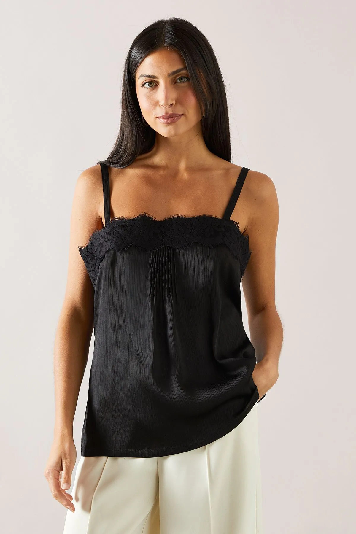 Crinkle Satin Lace Trim Strappy Top