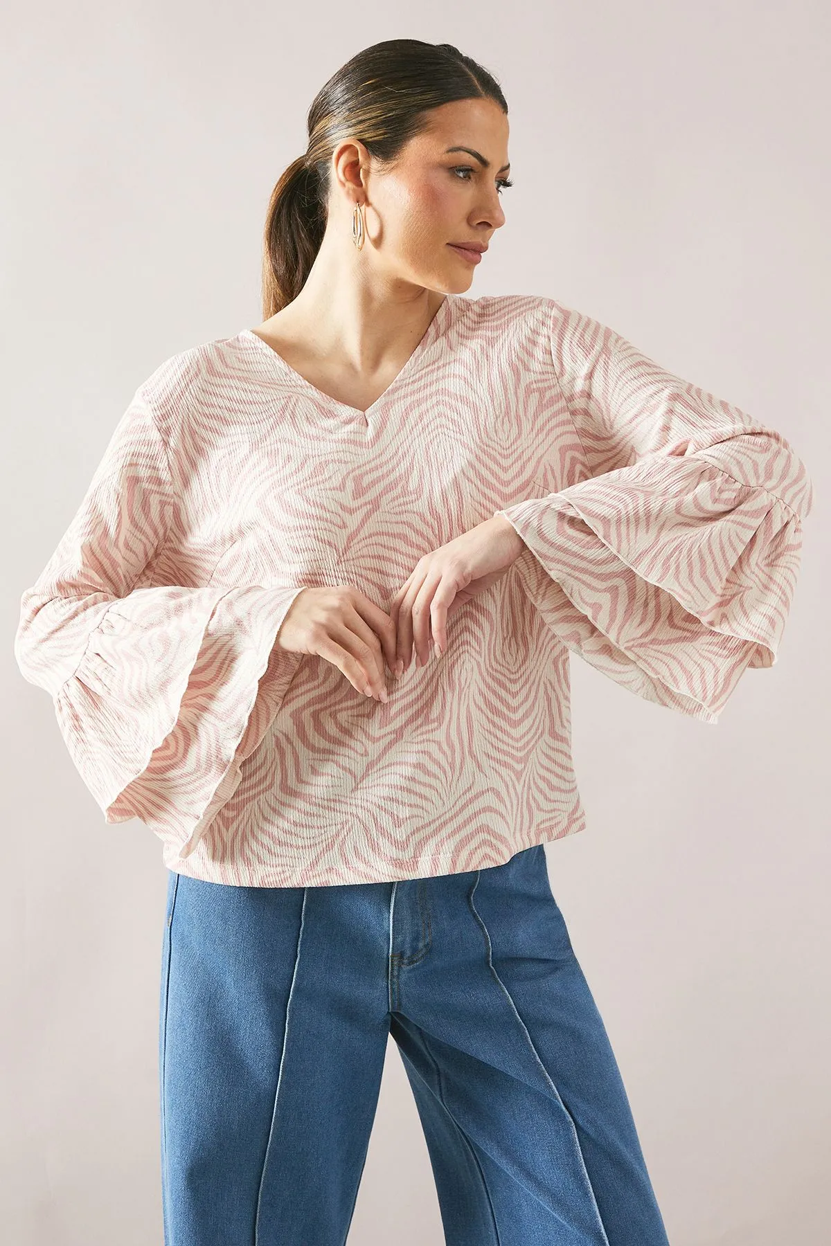 Zebra Ruffle Sleeve Top