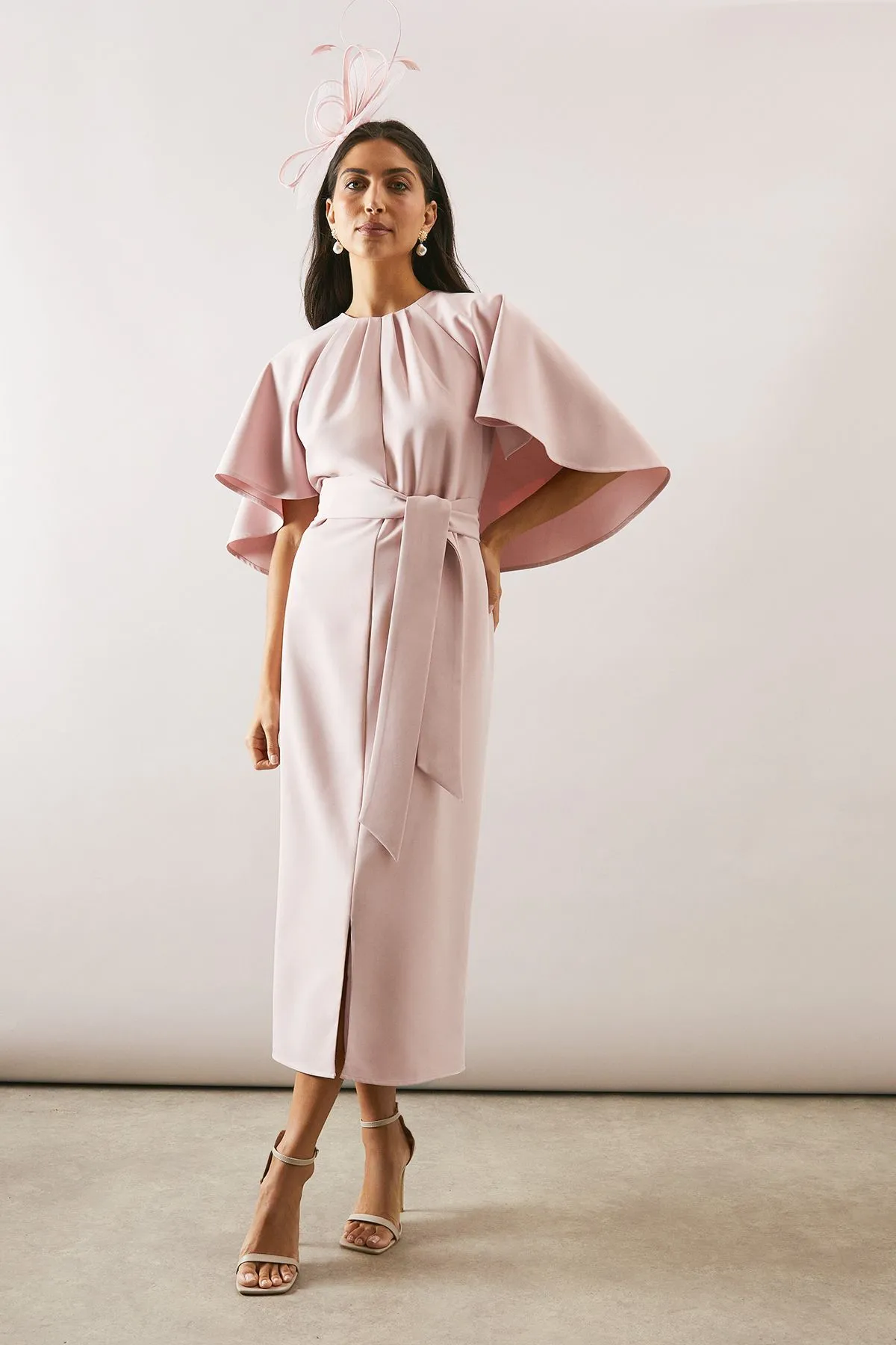 Woven Cape Belted Pencil Dress