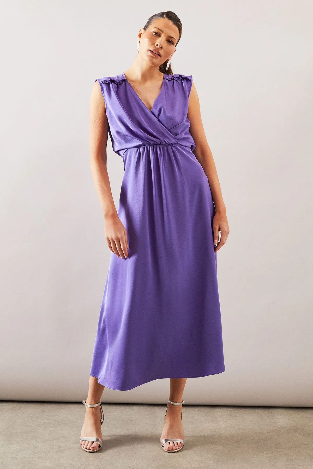 Satin Wrap Gauged Dress