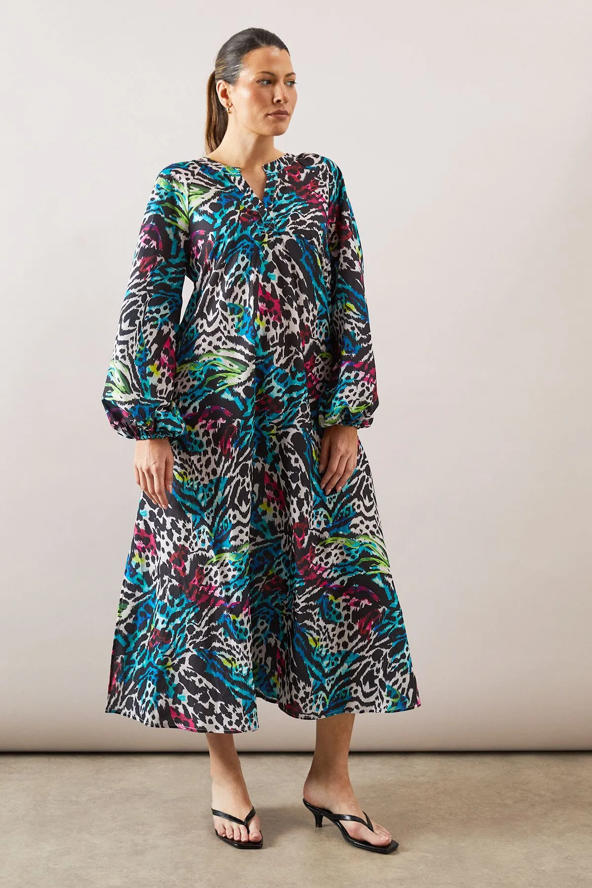 Animal Print Collarless Midi Dress