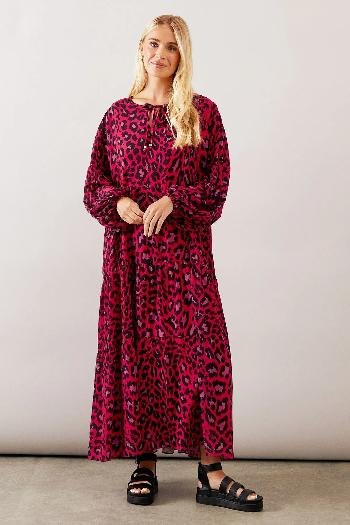 Petite Leopard Tiered Smock Midaxi Dress