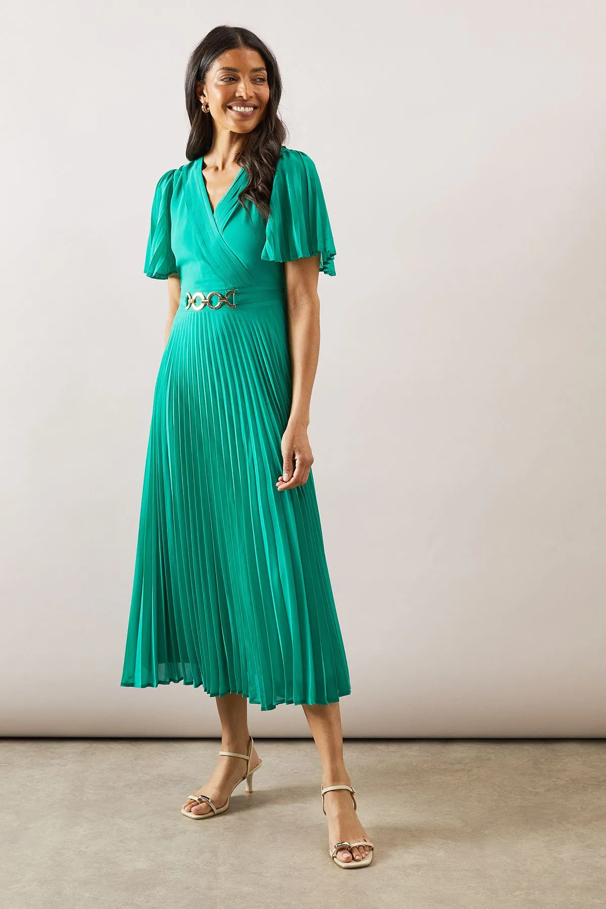 Pleated Buckle Midi Dress