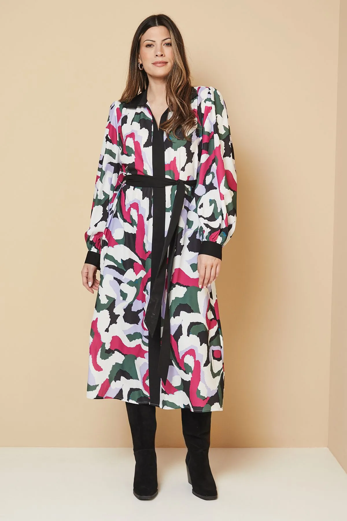 Abstract Contrast Panel Midi Shirt Dress