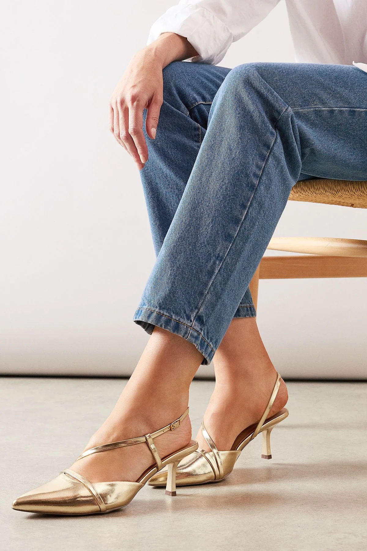 Ellie Faux Leather Asymmetric Strap  Slingback Kitten Heel Court Shoes