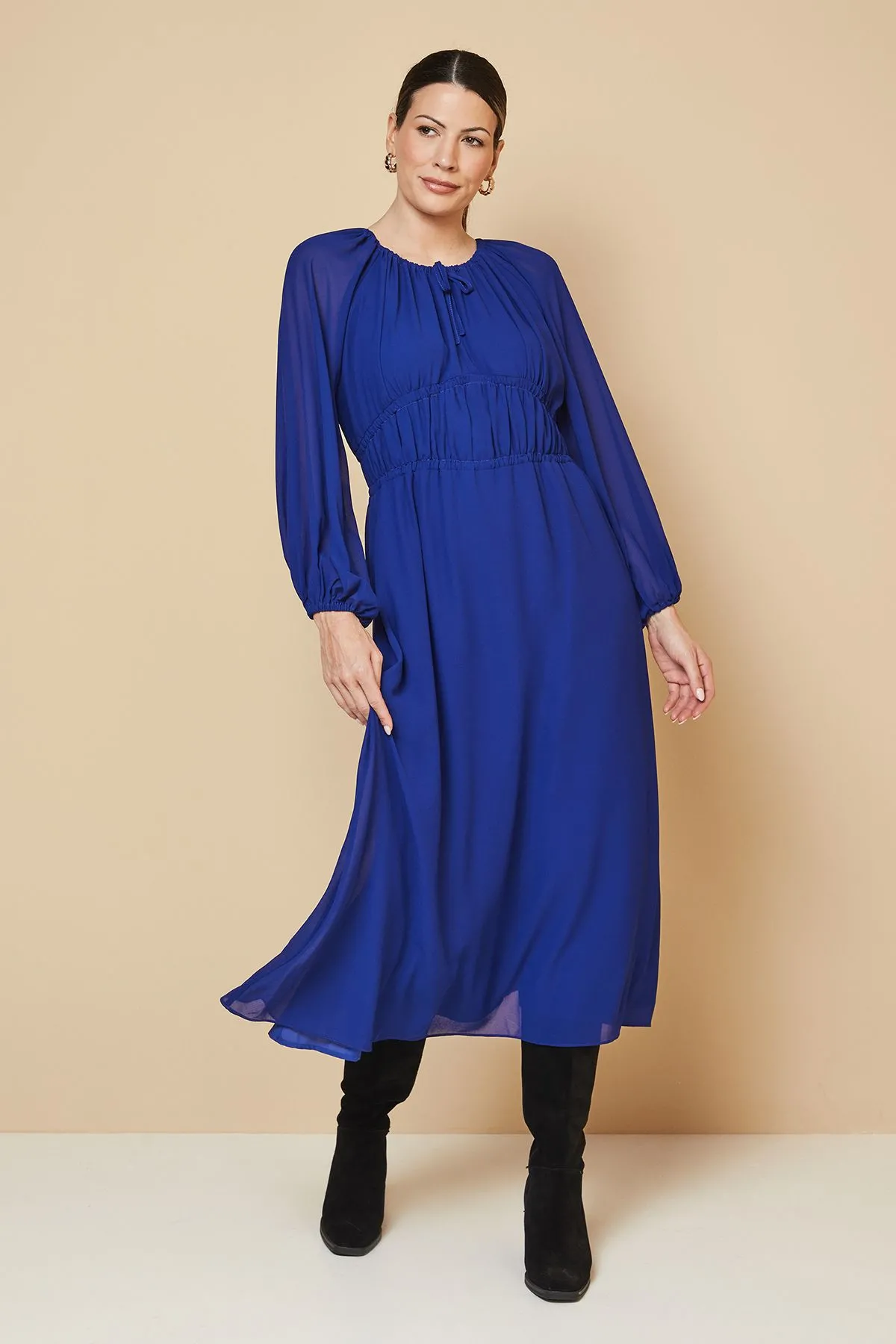 Woven Tie Front Waist Detail Midi Dress