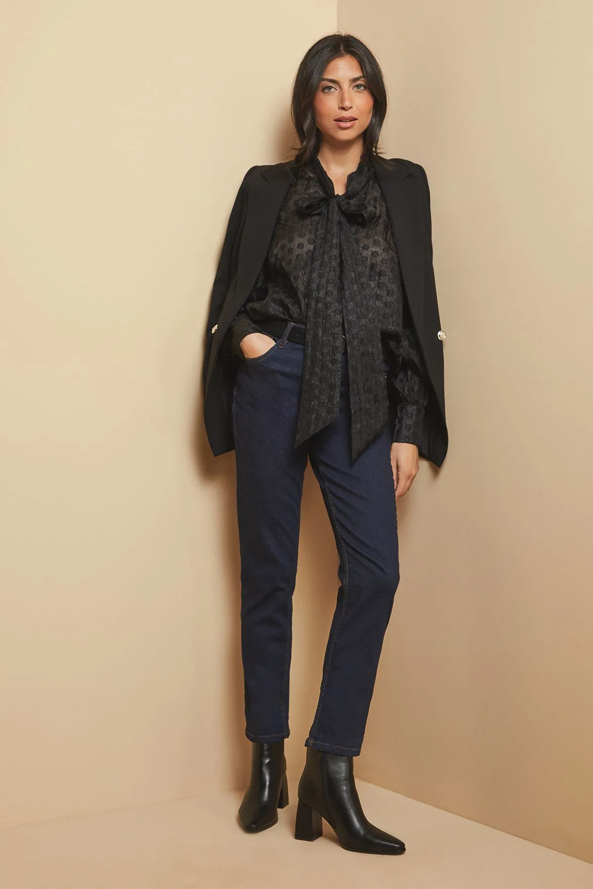 Dobby Spot Tie Neck Blouse