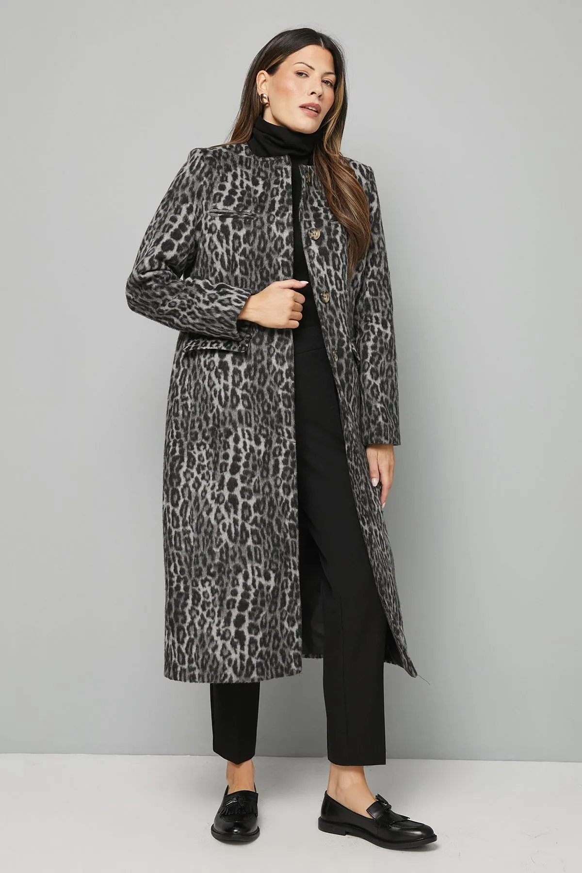 Animal Print Button Detail Coat