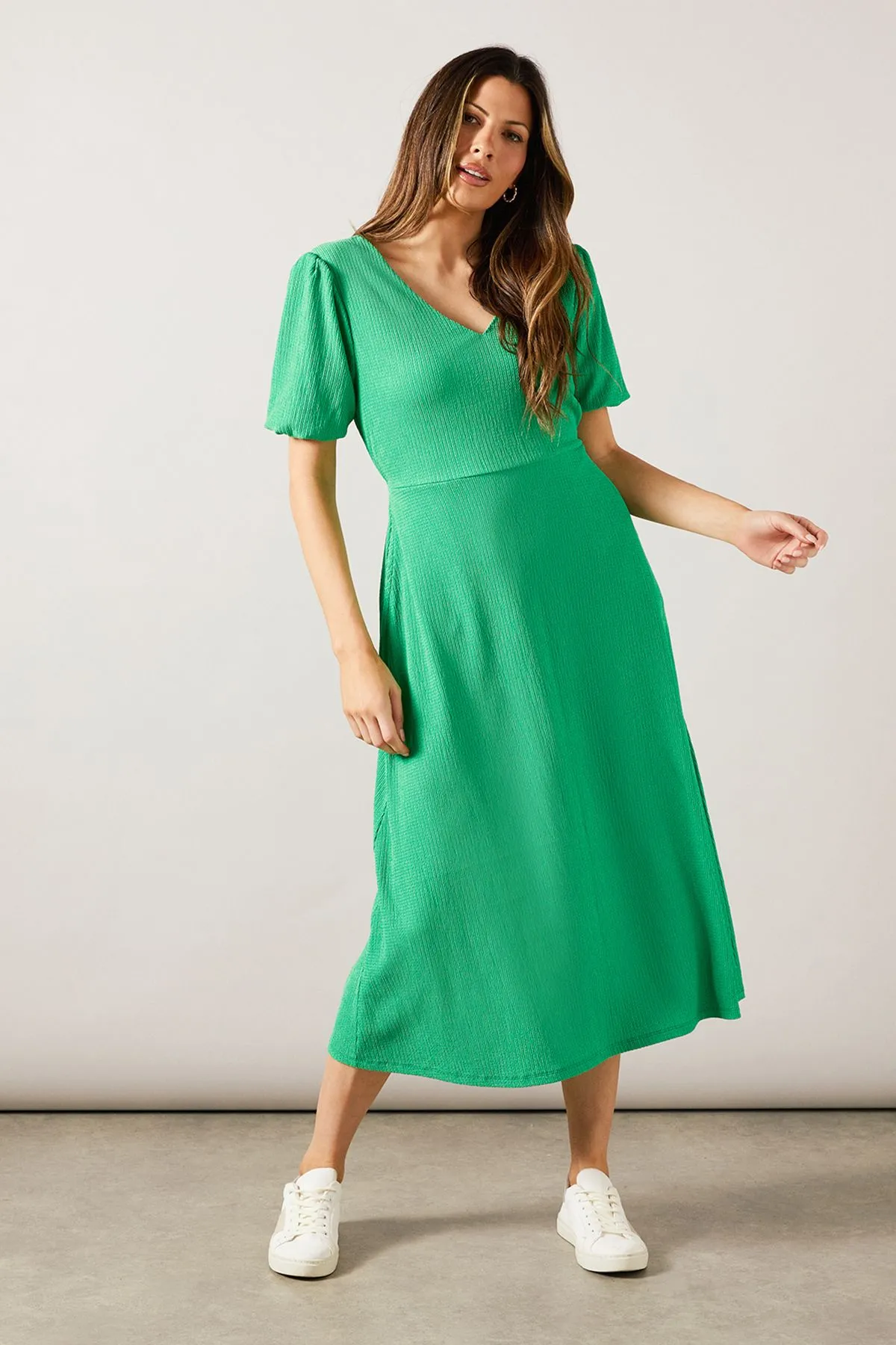 Green Jersey V Neck Midi Tea Dress