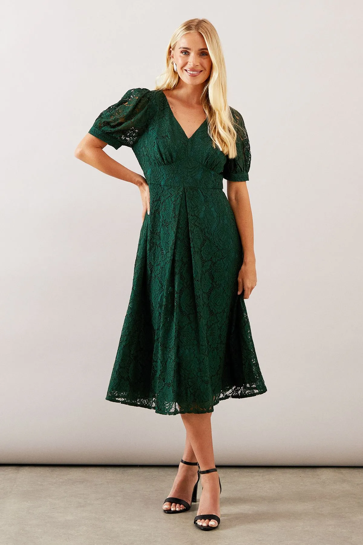 Petite Lace V Neck Tea Midi Dress