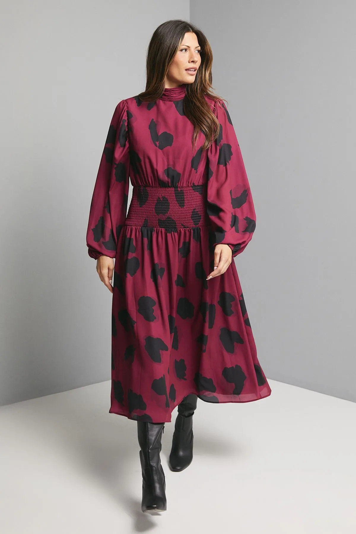 Leopard Shirred Waist Midi Dress