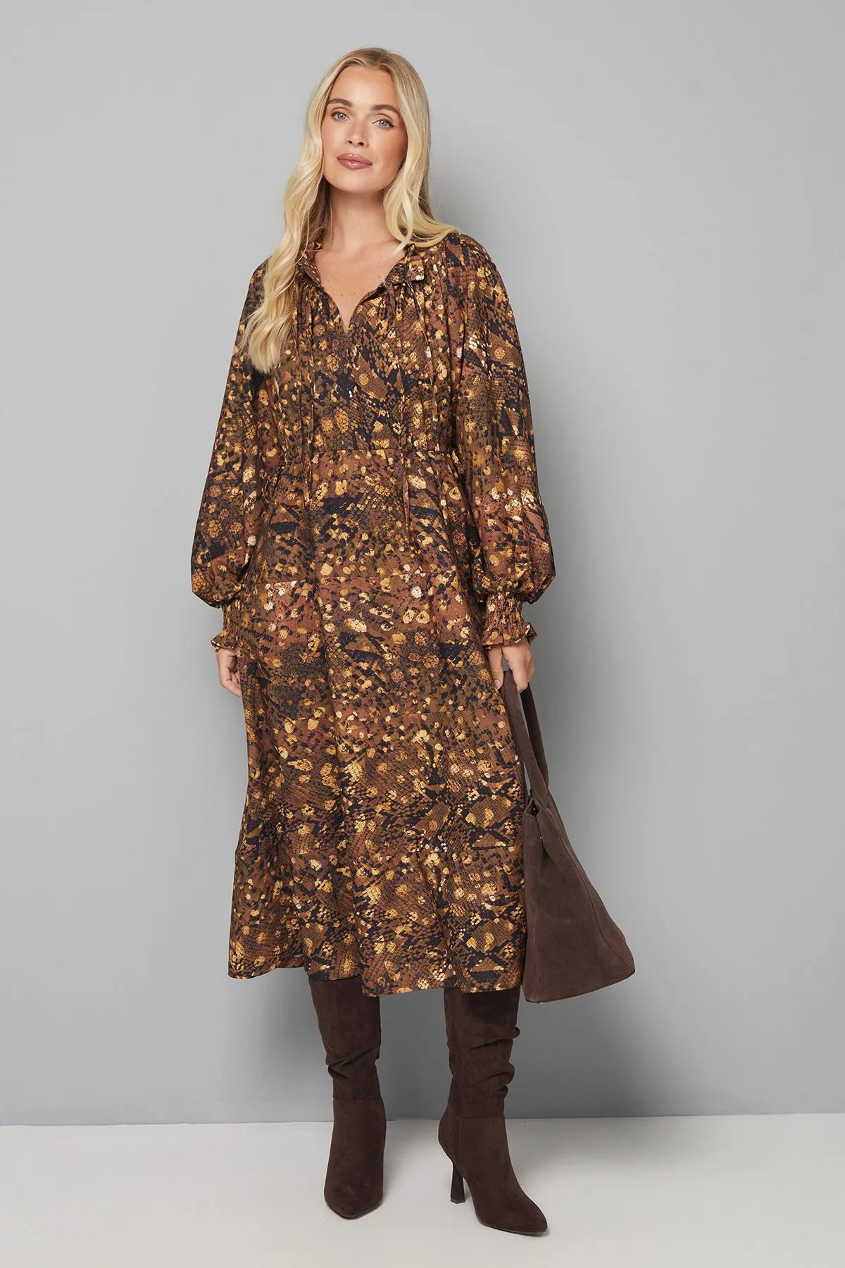 Petite Snake Print Woven Ruffle Collar Midi Dress