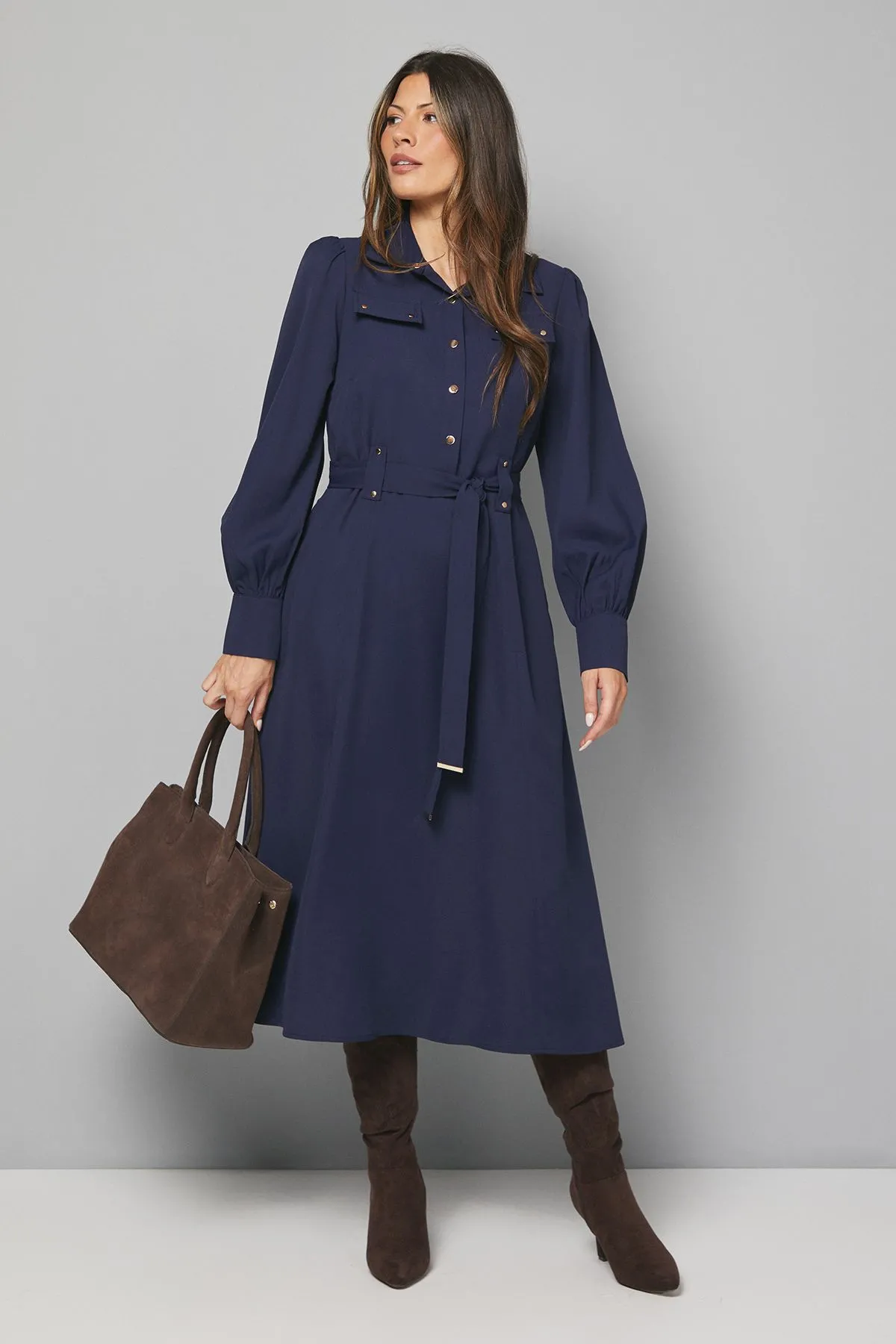 Crepe Pocket Detail Belted Midi Dress