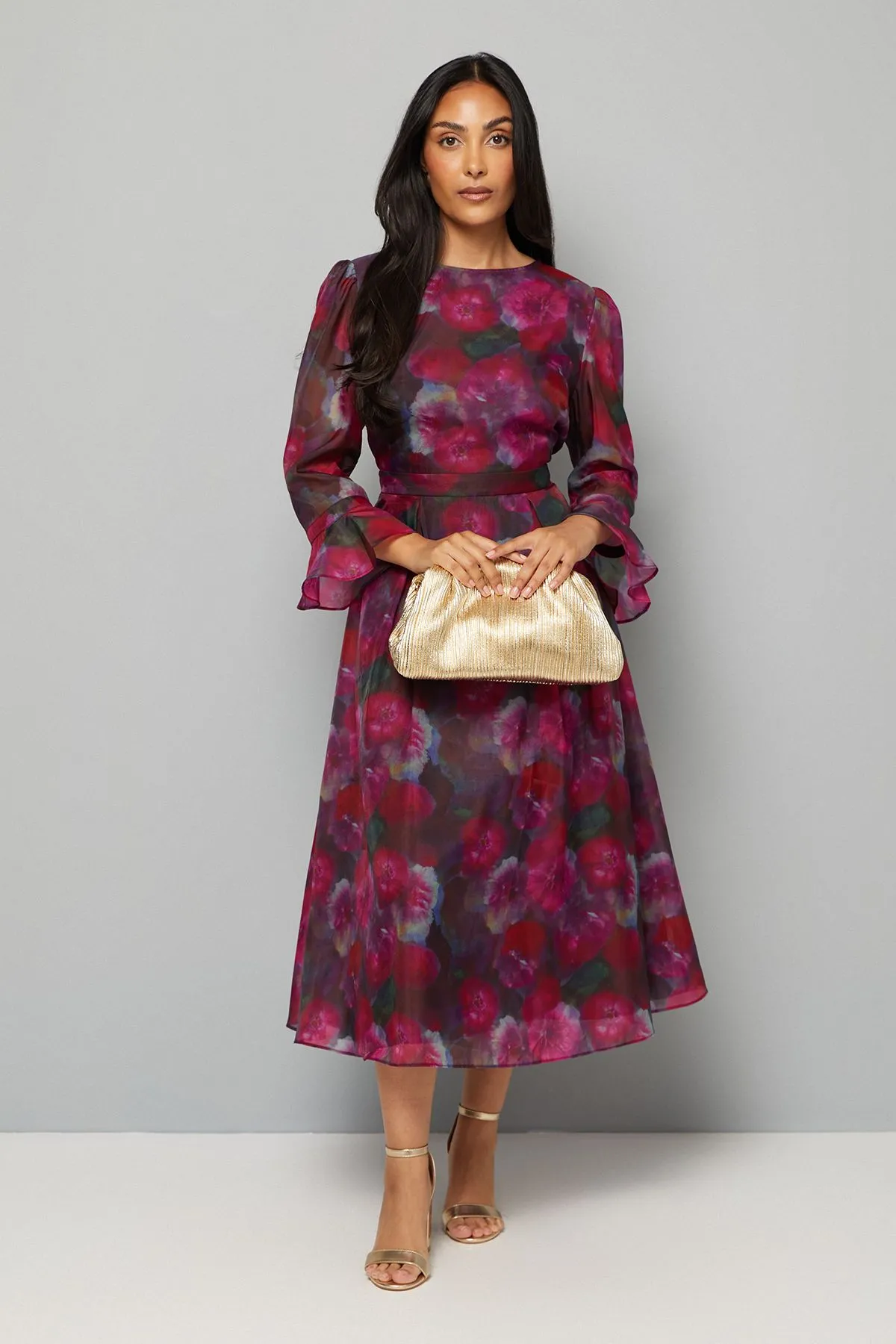 Petite Floral Organza Flute Sleeve Midi Dress