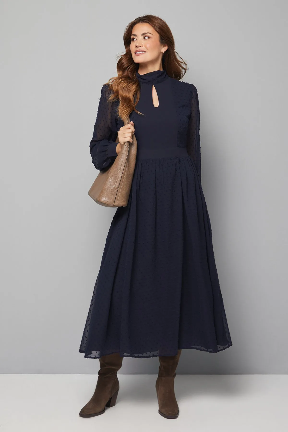 Dobby Tie Neck Detail Midaxi Dress