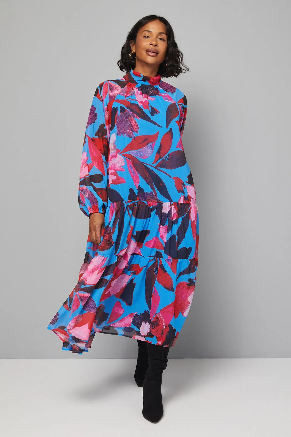 High Neck Tiered Frill Smock Dress