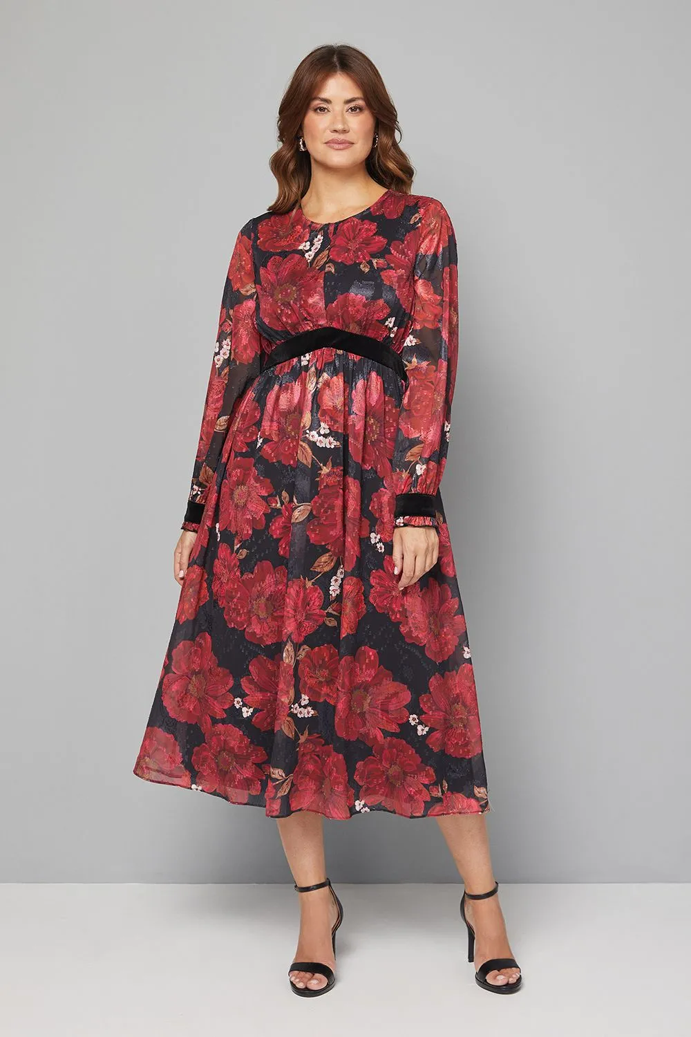 Floral Contrast Velvet Midi Dress