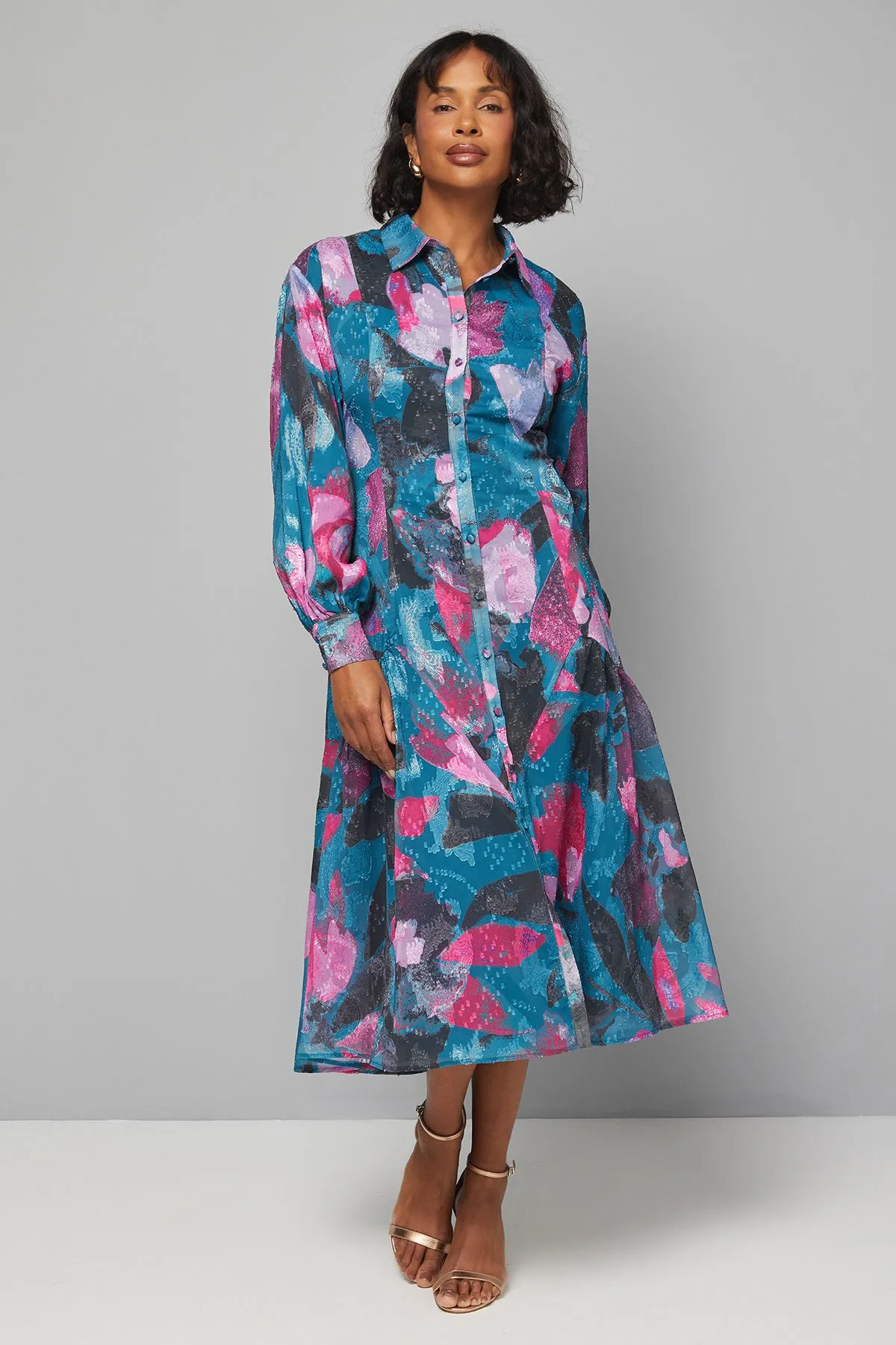 Floral Jacquard Button Through Shirt Dress