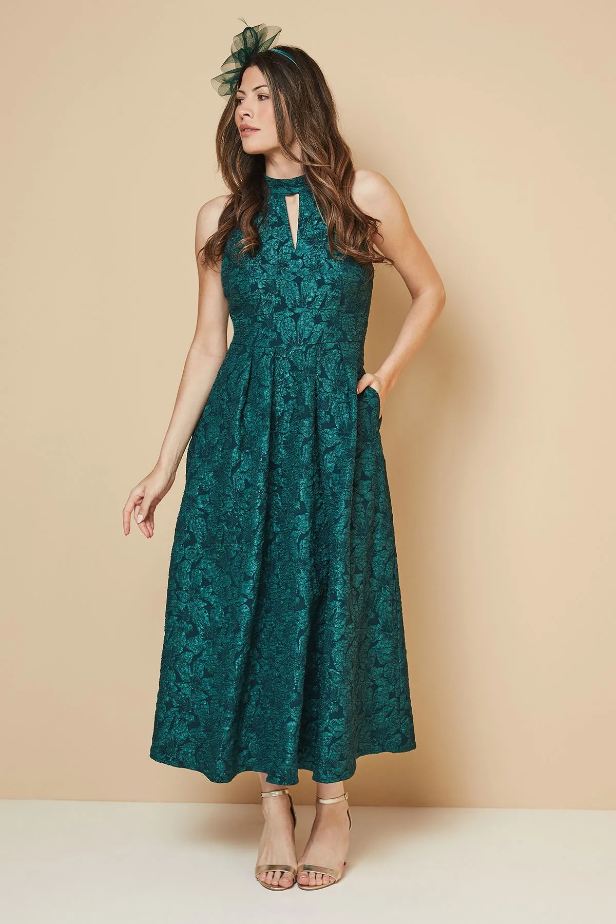 Floral Jacquard Halterneck Midaxi Dress
