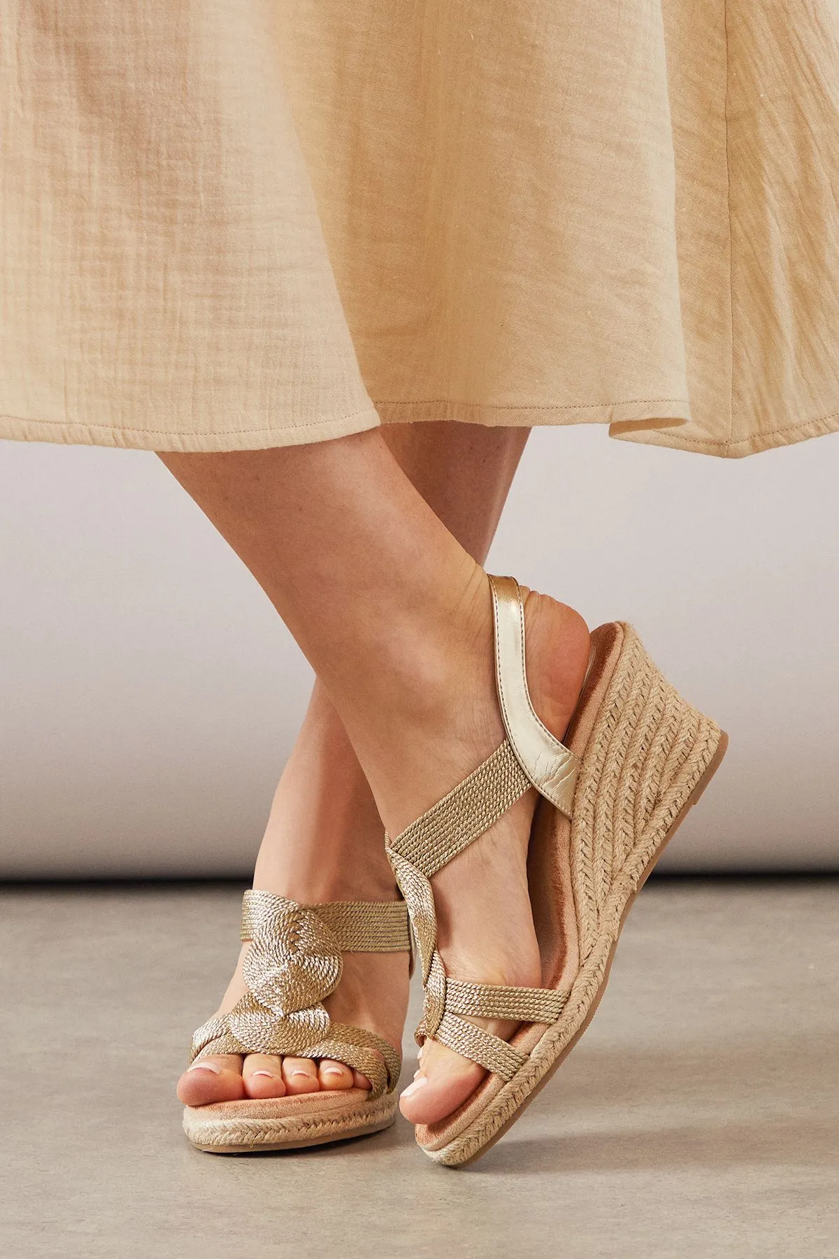 Raine Rope Detail T-Bar High Espadrille Wedge Sandals