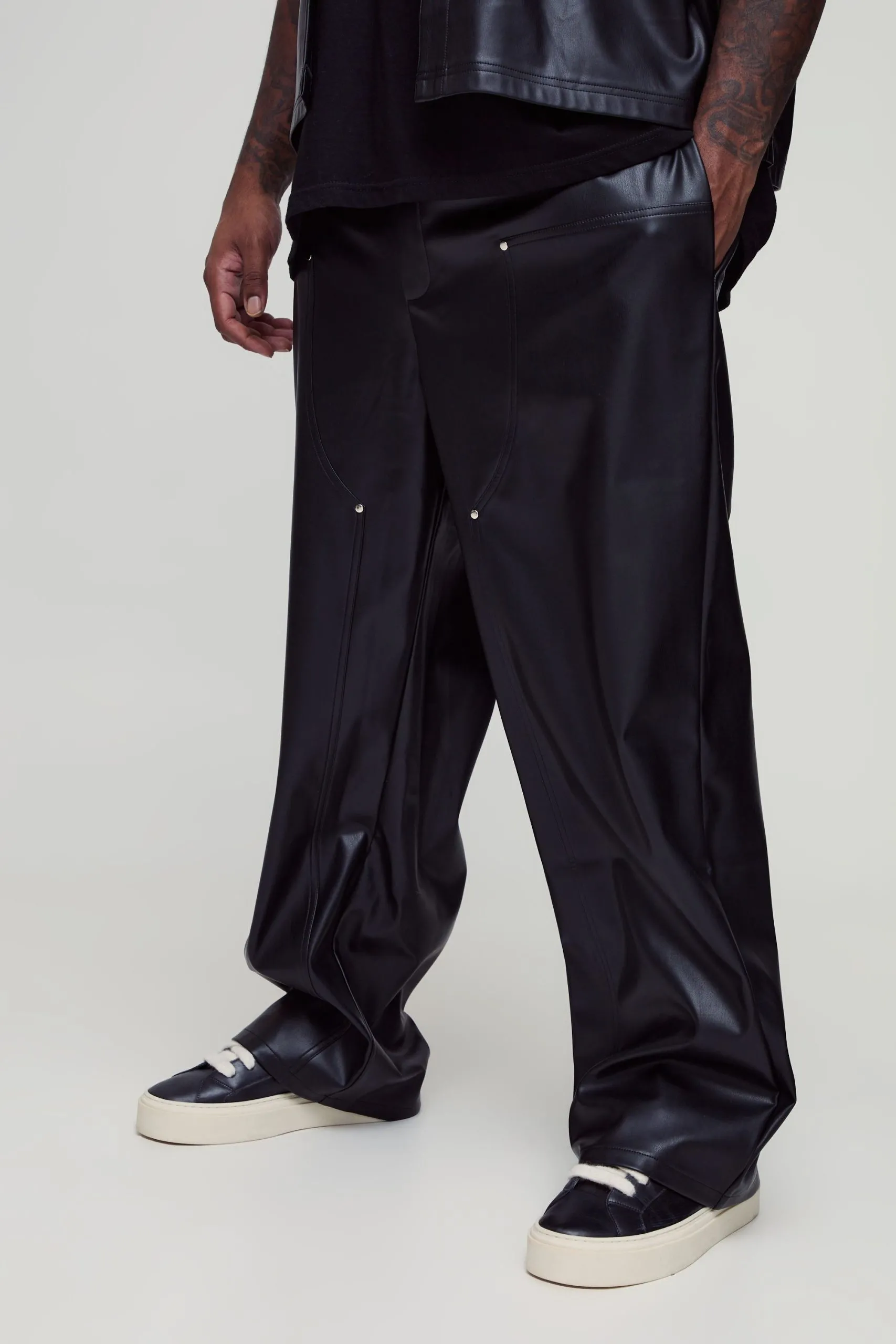 Plus Relaxed Fit Fixed Waistband PU Worker Panel Trousers