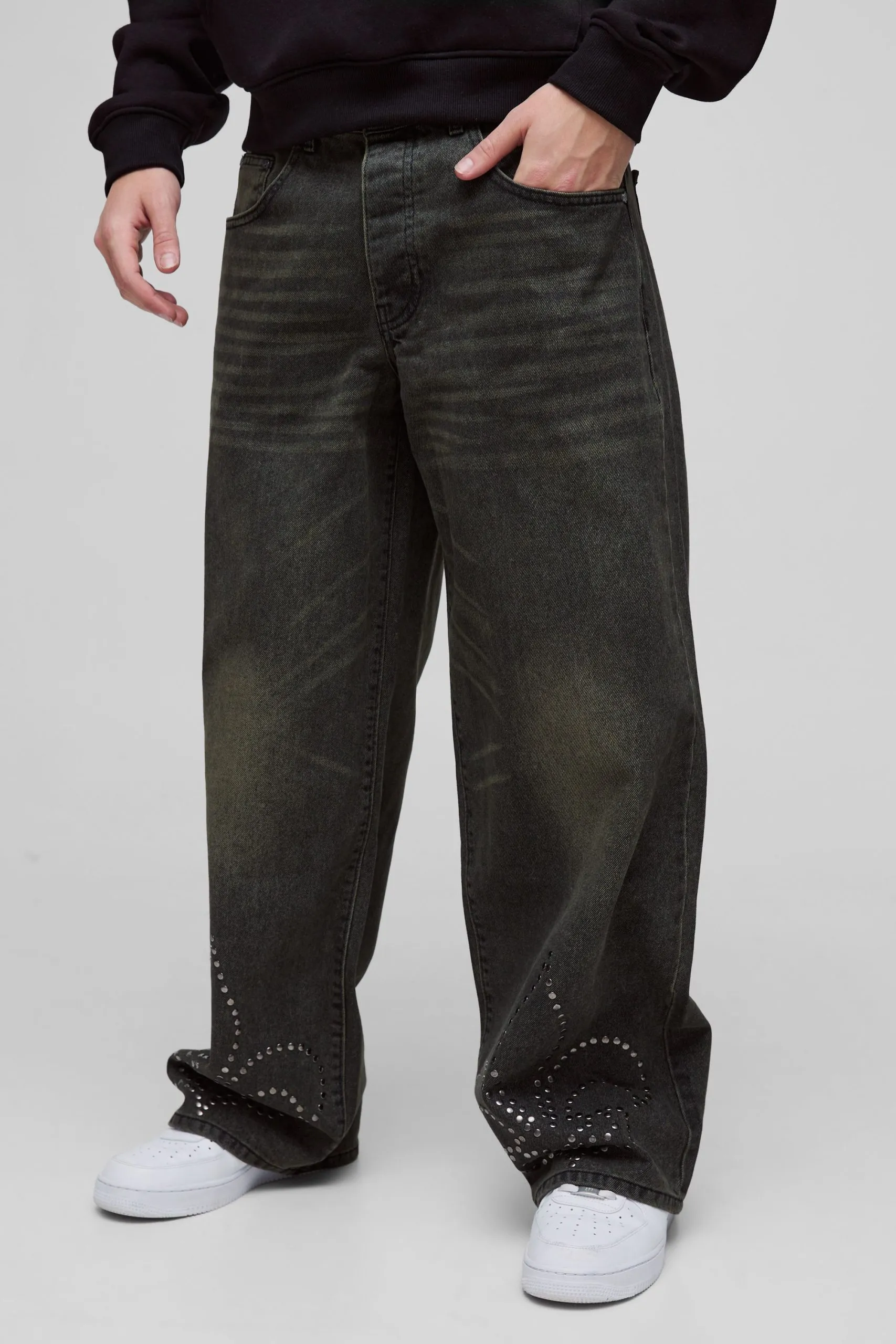 Baggy Rigid Cross Stud Applique Denim Jeans