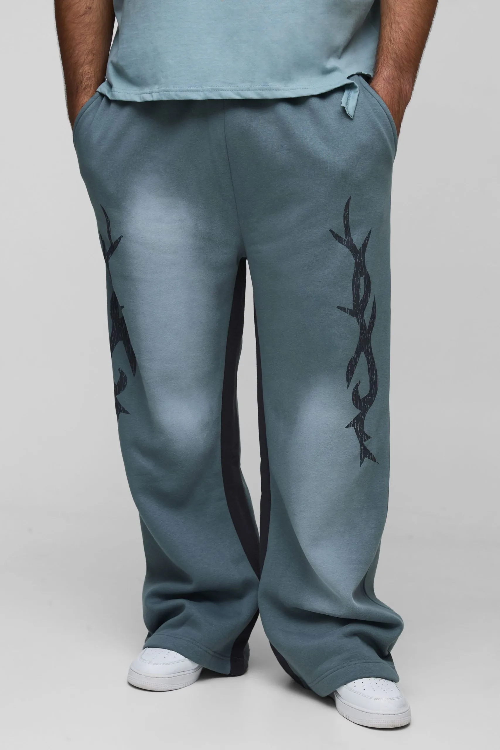 Plus Relaxed Fit Flare Spray Wash Graphic Joggers