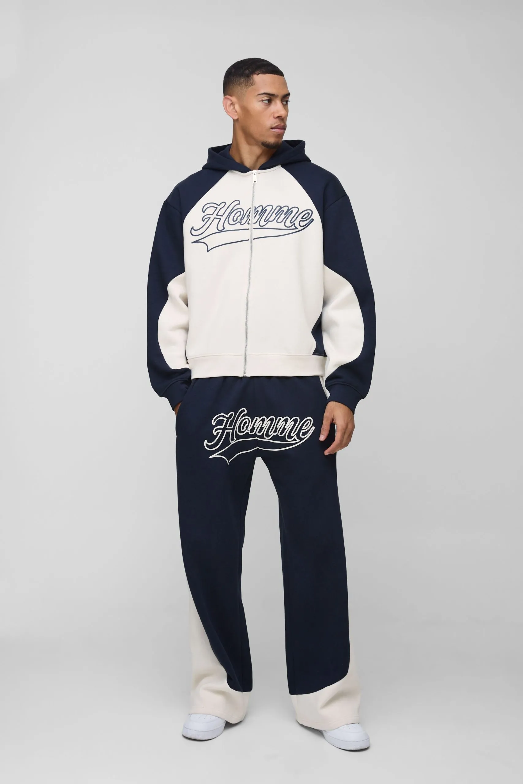 Oversized Boxy Colour Block Homme Printed Zip Through Tracksuit