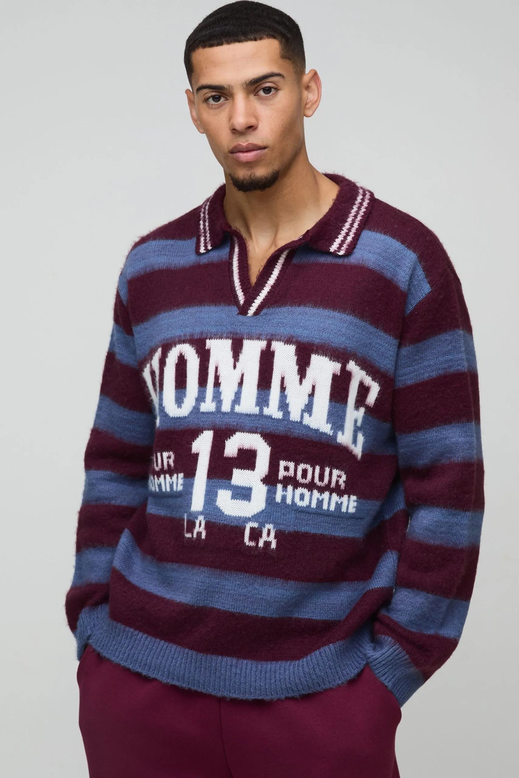Homme Oversized V Neck Brushed Striped Knitted Polo