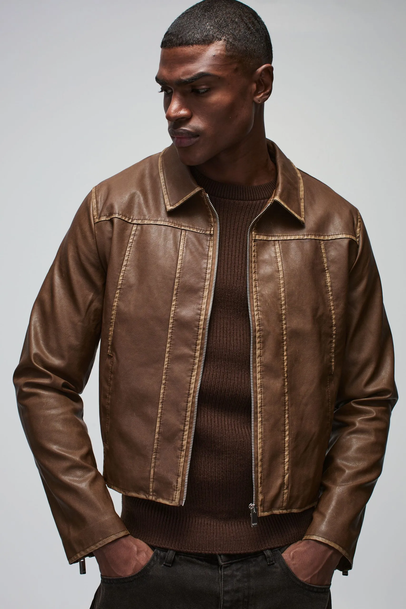 Boxy Washed Seam PU Harrington Jacket