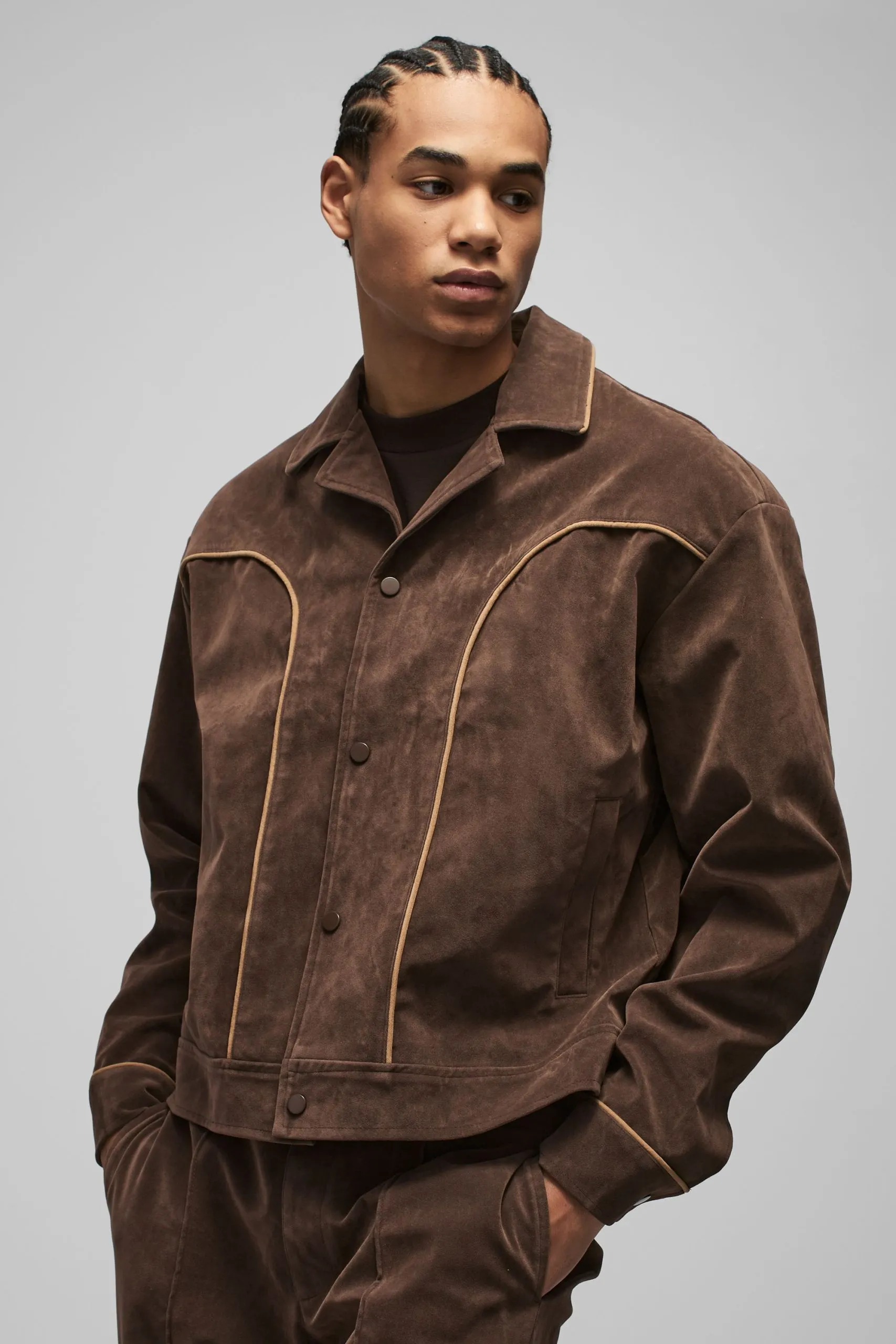 Boxy Faux Suede Western Piped Lapel Harrington Jacket