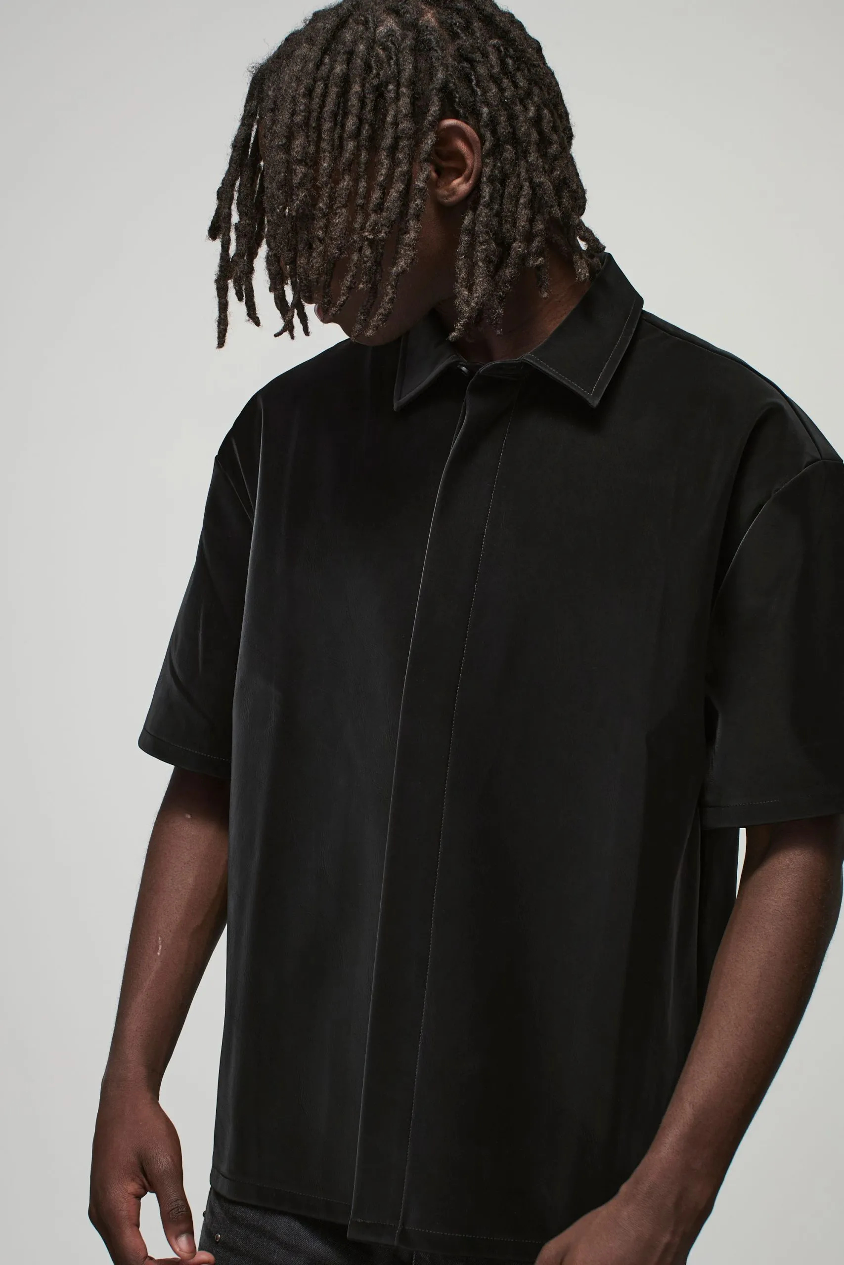 Oversized Concealed Placket Collared Liquid Matte PU Shirt