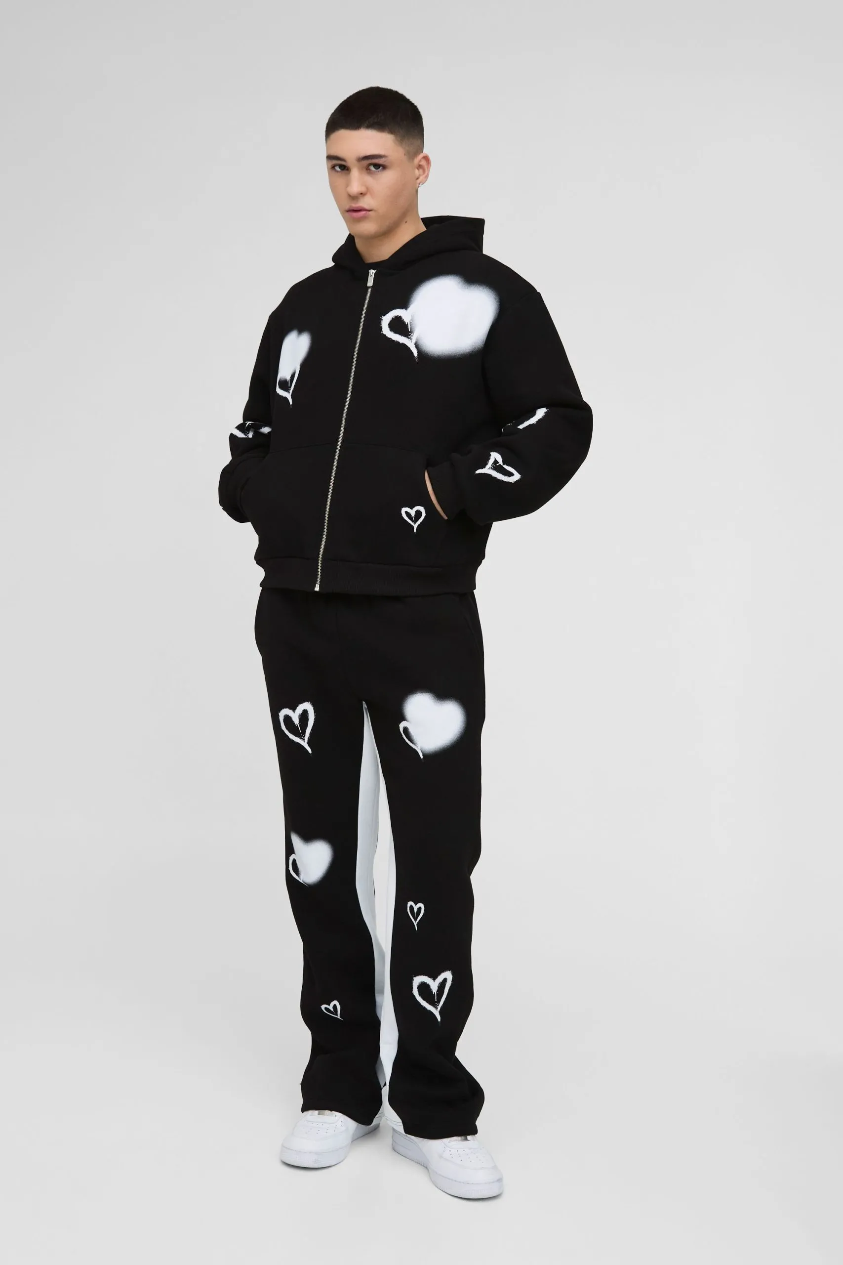 Oversized Boxy All Over Heart Printed Zip Through Hooded Tracksuit