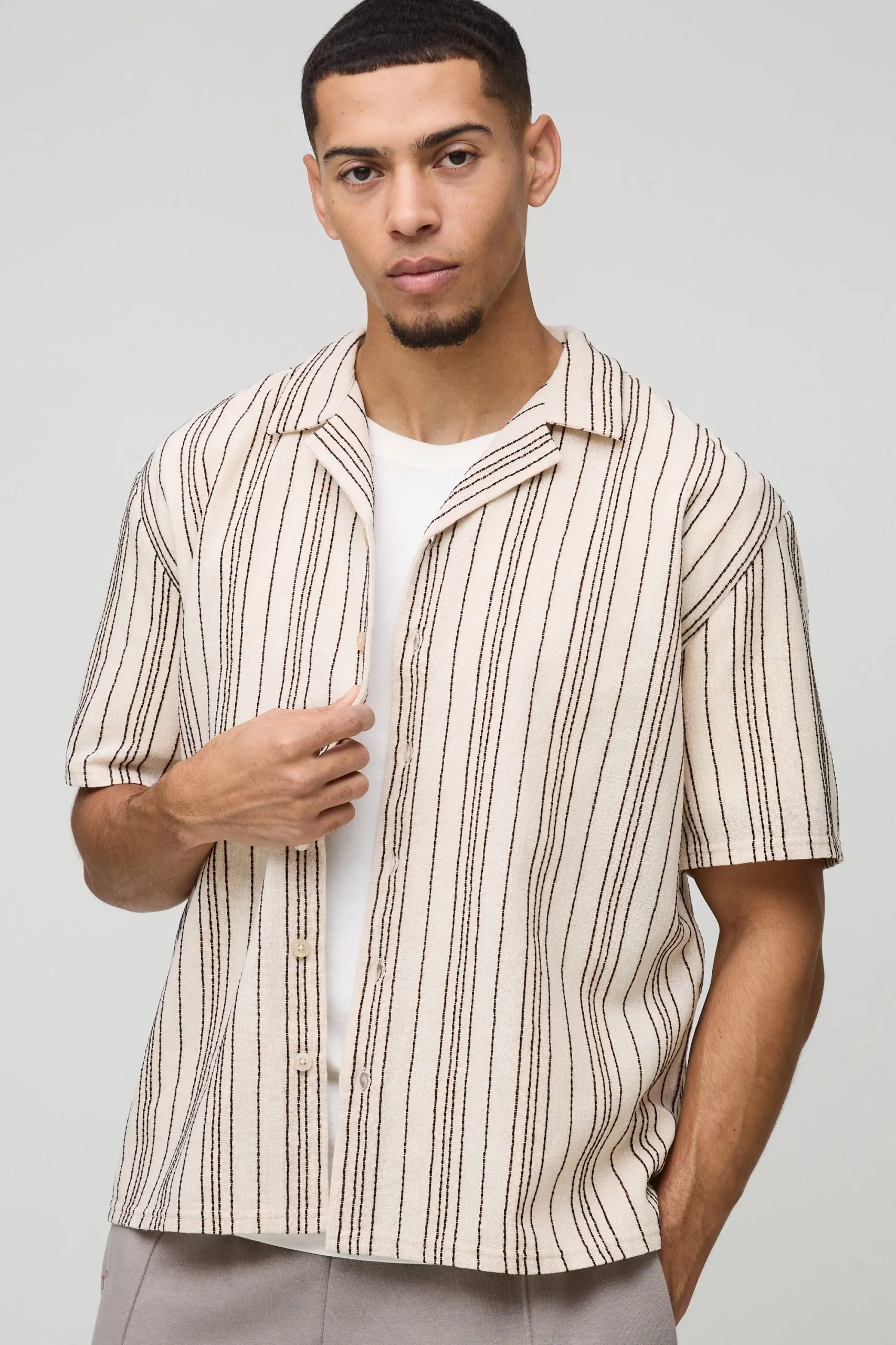 Oversized Linen Look Brown Embroidery Striped Revere Shirt