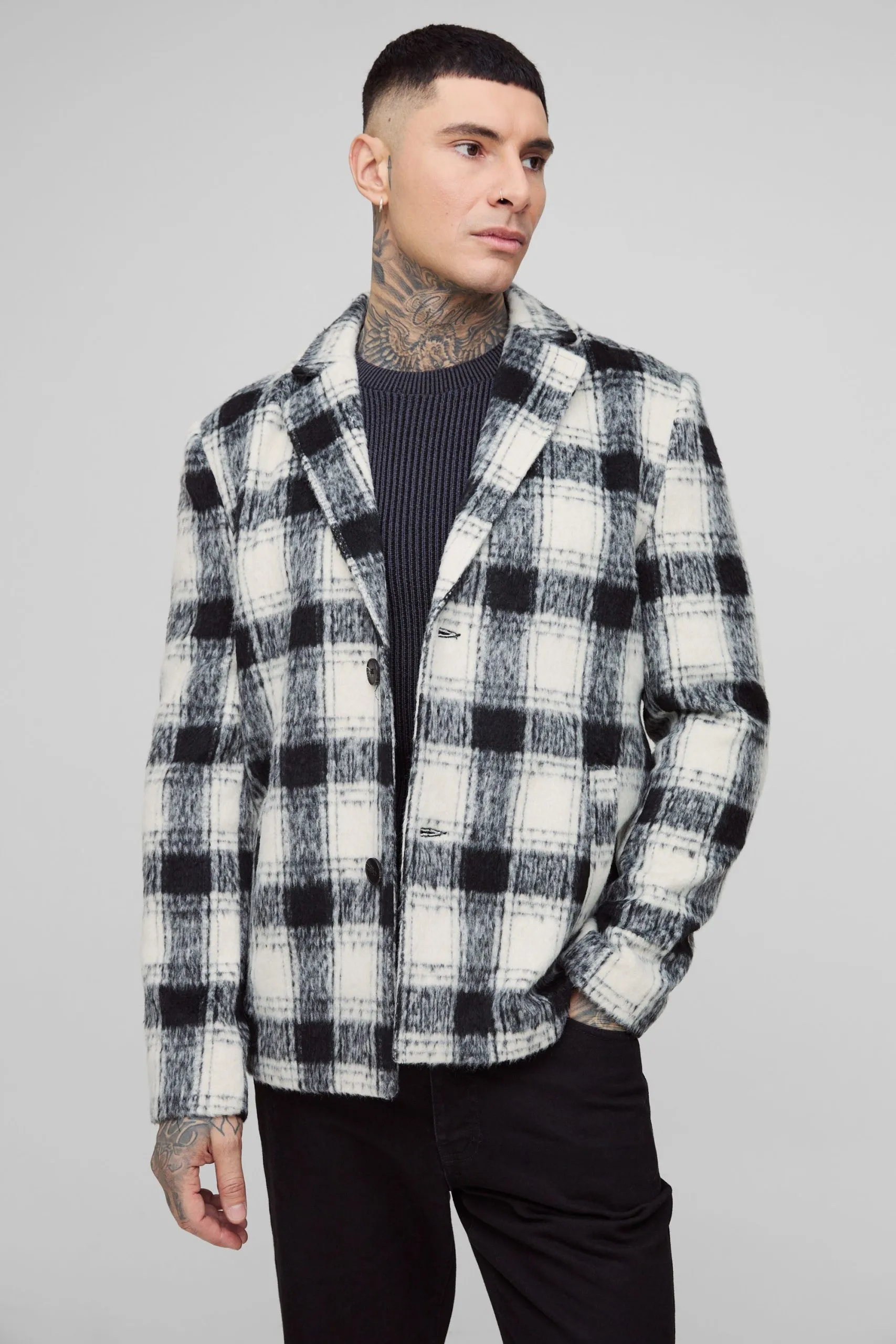 Tall Boxy Oversized Brushed Check Overcoat
