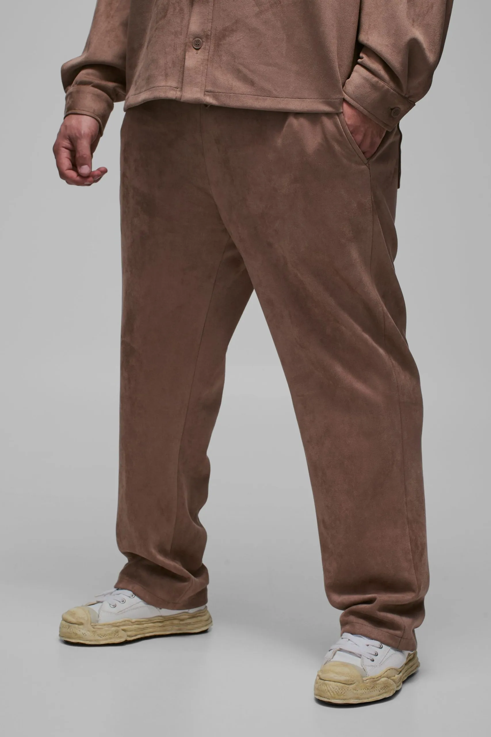 Plus Faux Suede Relaxed Fit Drawcord Pin Tuck Trousers