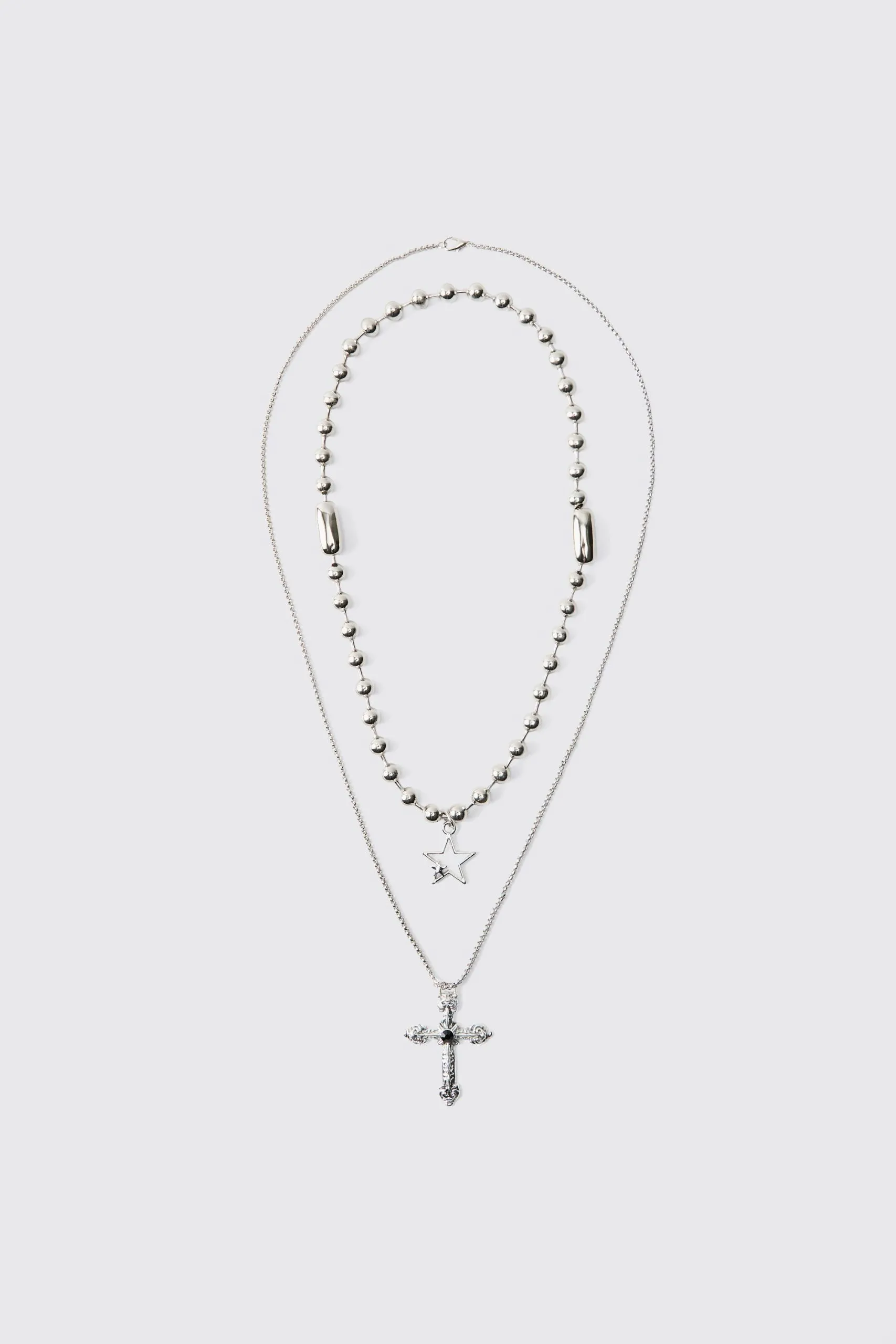 Cross Pendant Double Layered Necklace In Silver